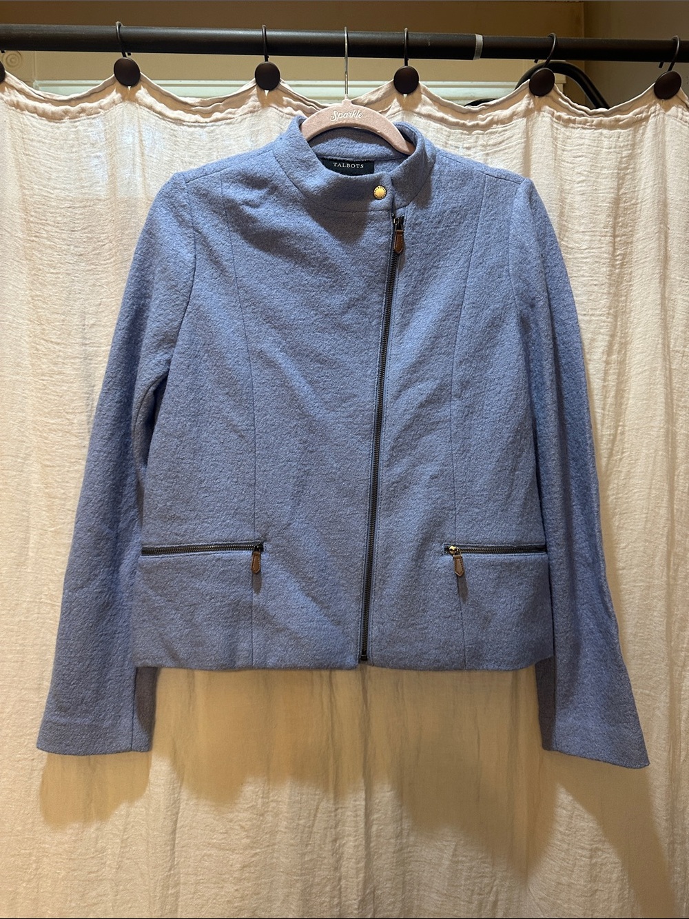 Talbots Light Blue Banded Collar Zip Jacket